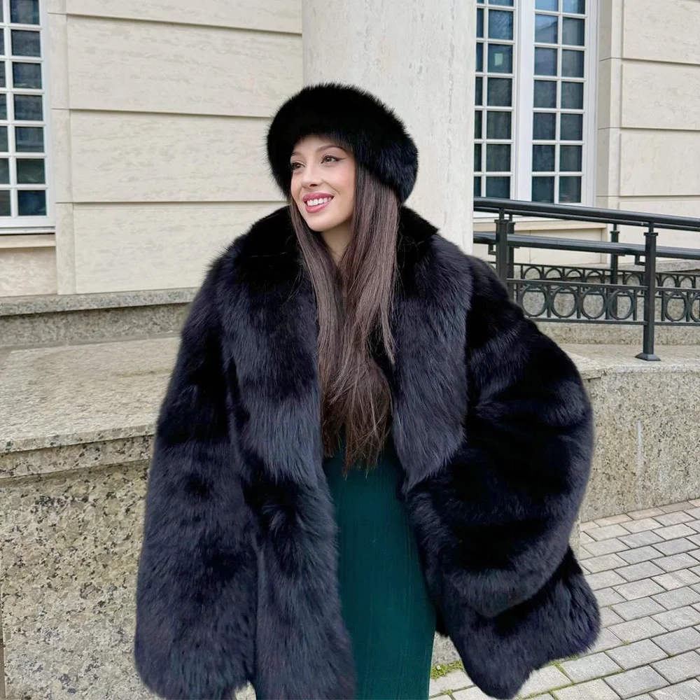 Luxury Black Full Pelt Genuine Fox Fur Coats Women Elegant Natural Fox Fur Mid-Length Thick Overcoats Warm Real Fur Outwear