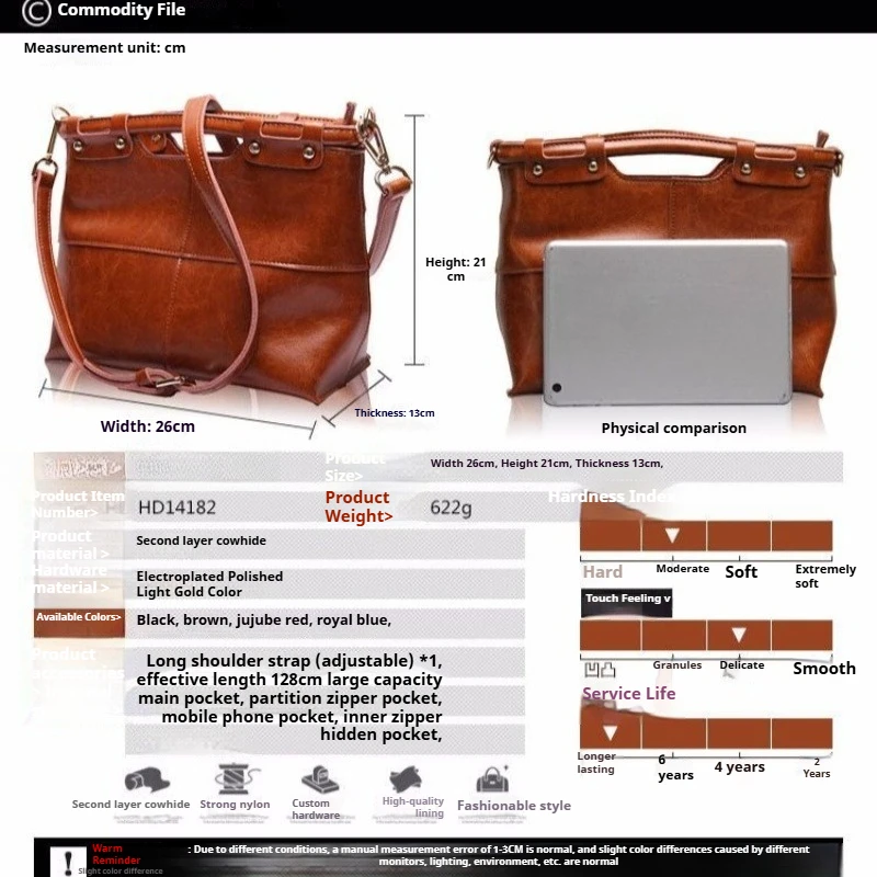 Vintage Large Capacity Tote Bag for Women Genuine Leather Elegant Everyday Adjustable Crossbody Strap Luxury Shoulder Bag