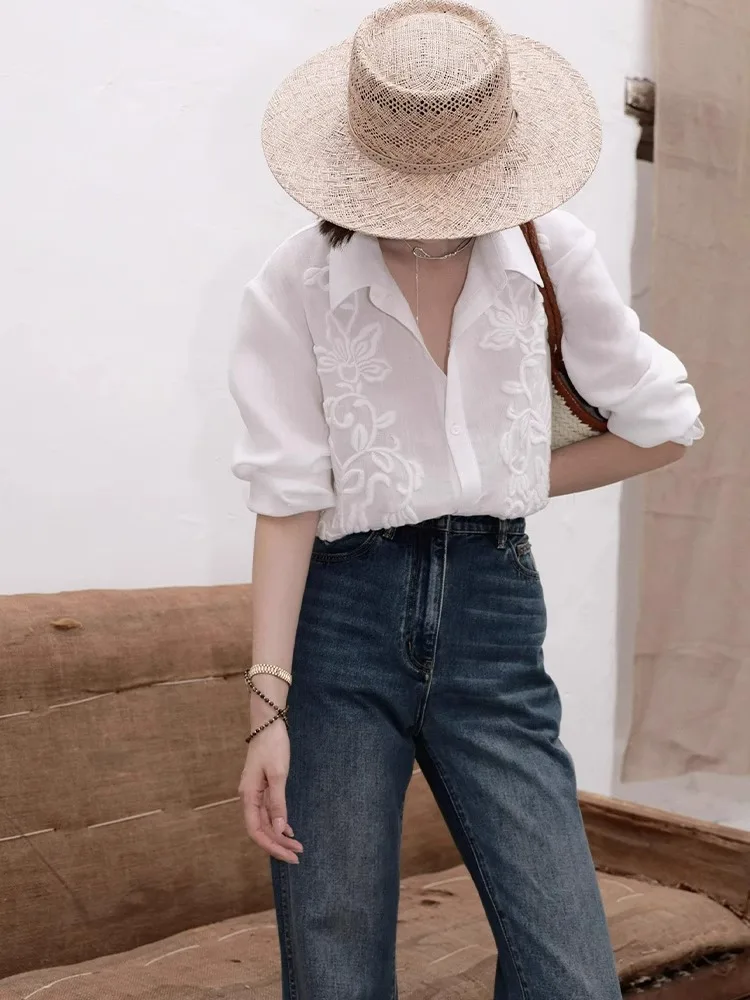 Ele Embroidered Long Sve Loose irt Faionable Simple Design Korean Sle Polyester Women's Premium Quali Top