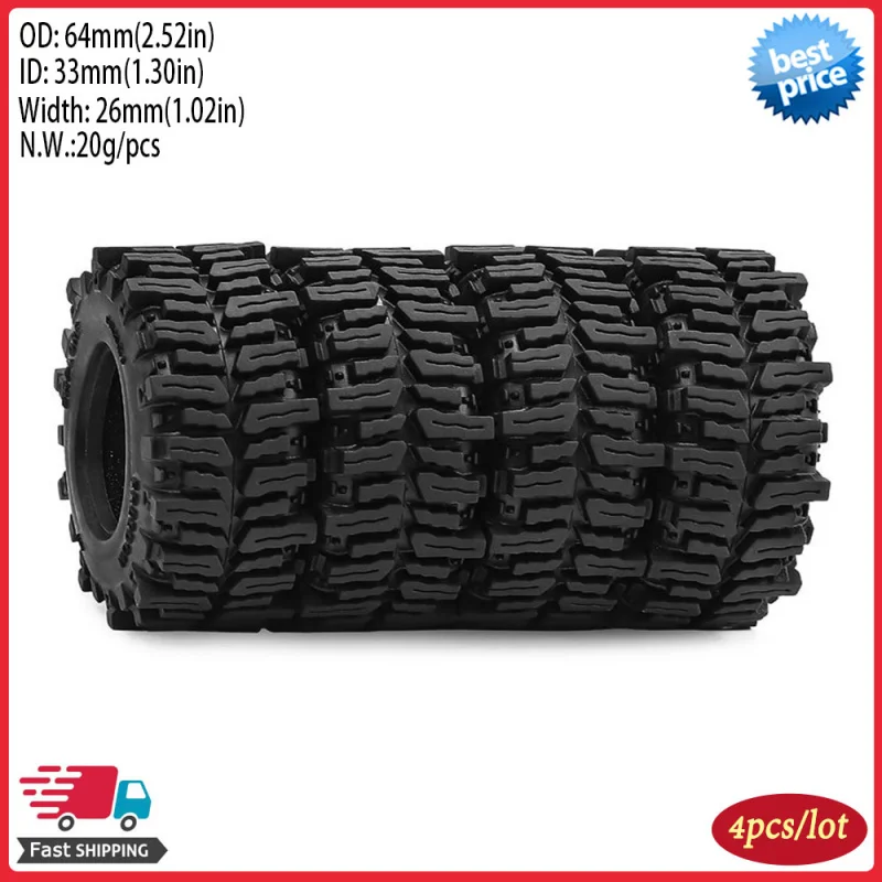 

Комплект из 4 резиновых колес (1.3 дюйма, 64 мм) для радиоуправляемых краулеров 1/18 1/24 Traxxas TRX4M, Axial SCX24, AX24, FCX24, Ascent-18 – запчасти для тюнинга