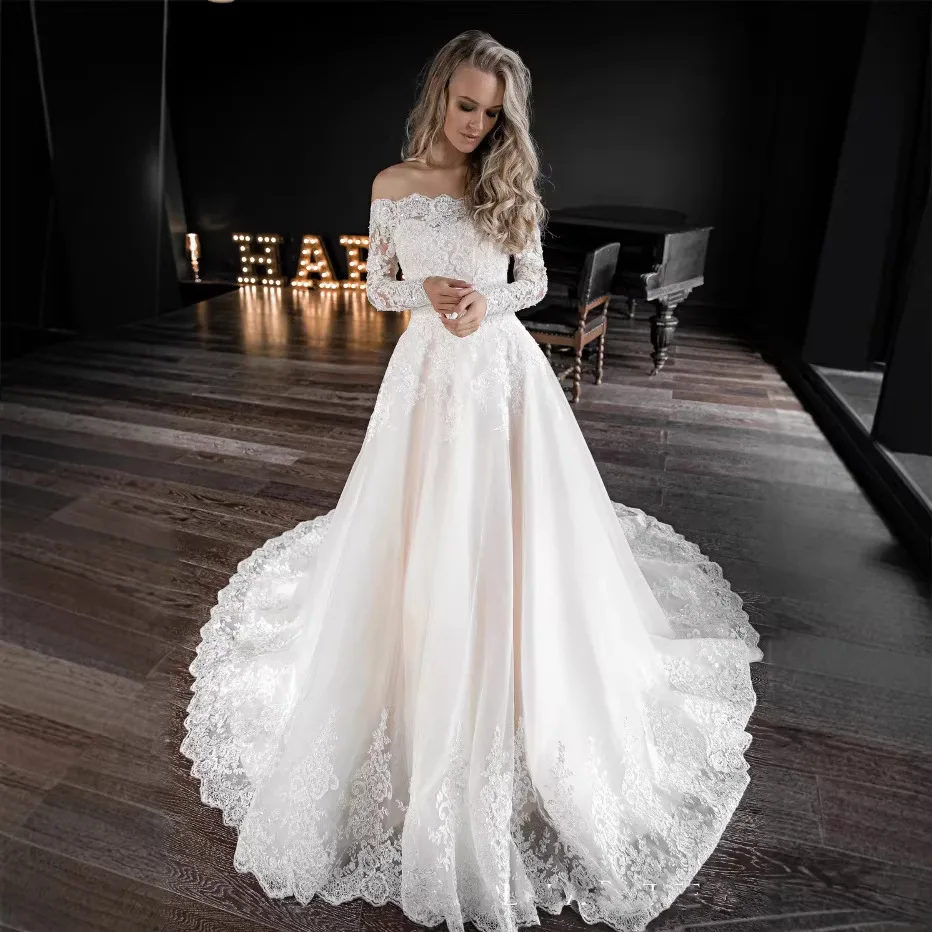 

Свадебные платья А-силуэта на заказ для женщин, с аппликациями, со шлейфом, официальные свадебные платья, роба де мариэ