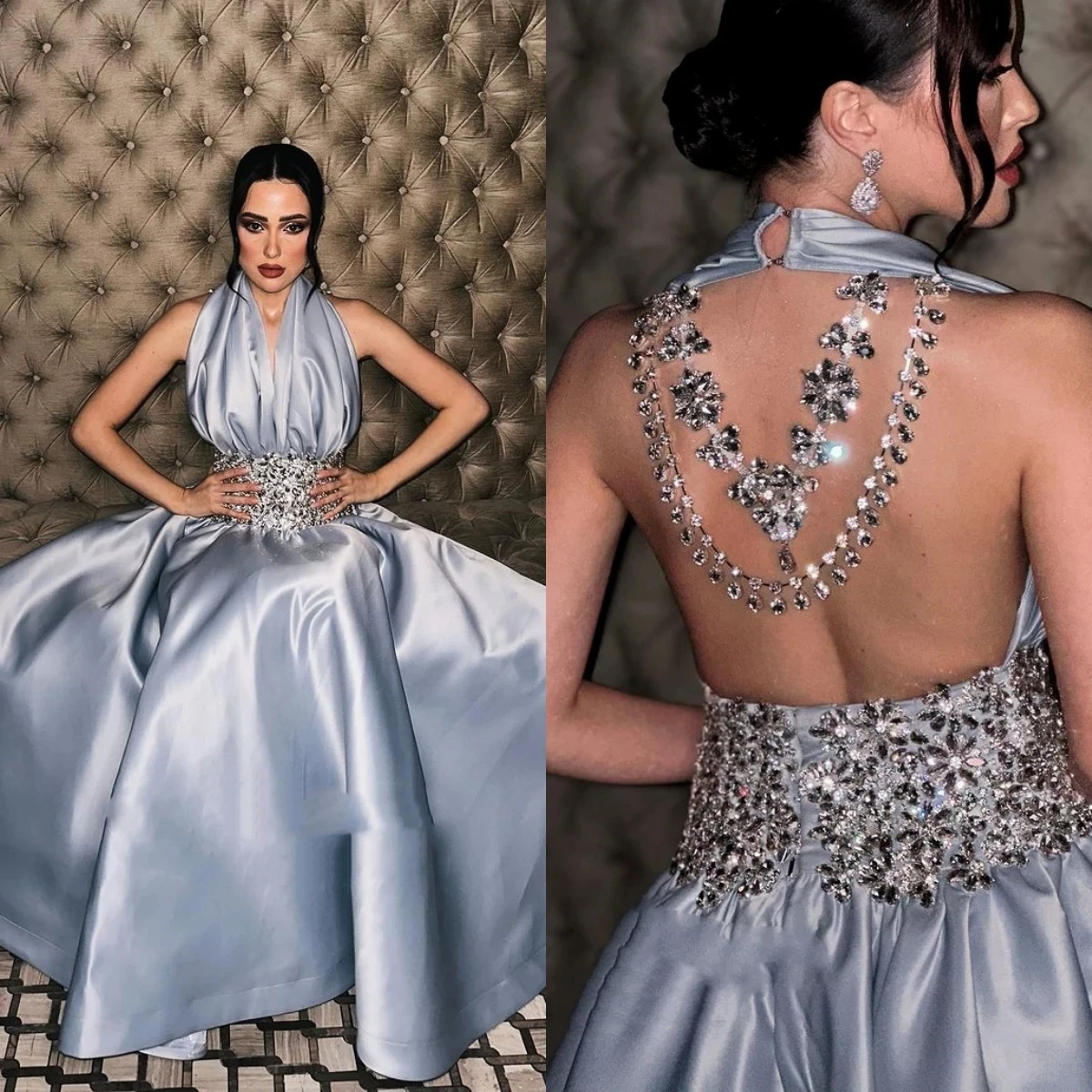 Jirocum A Line Sparkling Crystal Prom Gowns Women\'s Halter Backless Luxury Evening Gown Formal Occasion Wedding Party Dress 2024