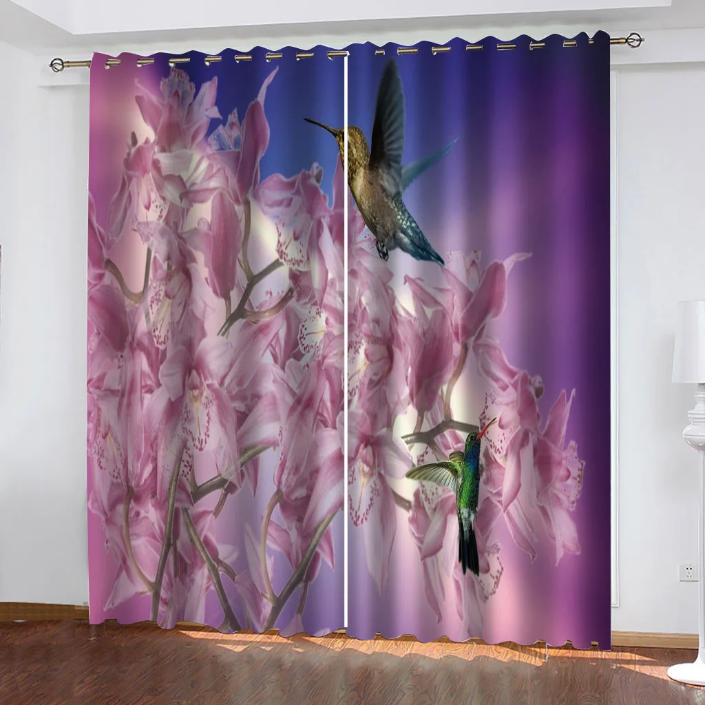 HUANZHUANG Bedroom Curtains Pieces Floral Hummingbird Print Gorgeous European Printed Curtains, Study Living Room Dorm Window