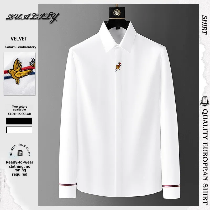 

2025 Long Sleeve Men Shirt Simple Embroidery Slim Fit Wrinkle Free