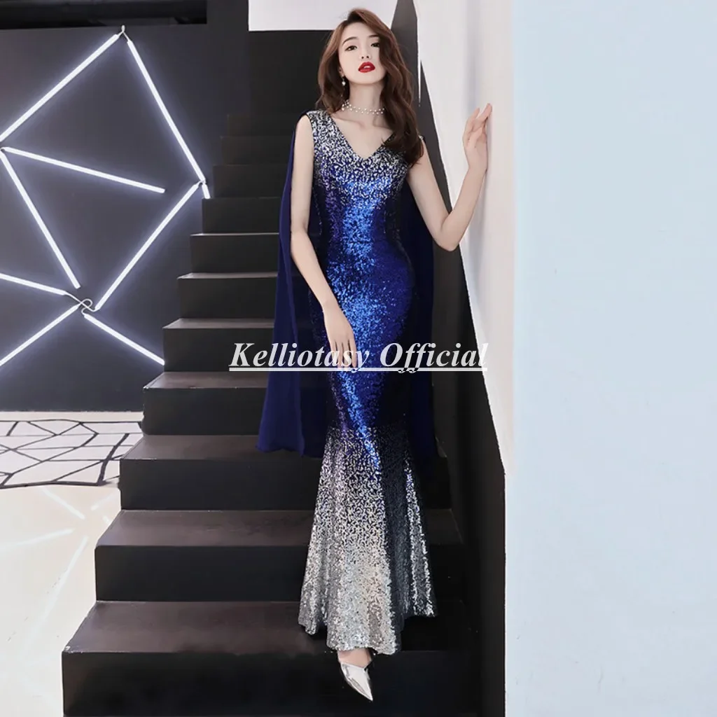 Customized Vneck Sleeveless Celebrity Prom Dresses Sexy Mermaid Gradient Performance Dress With Shoulder Ribbon SSS005