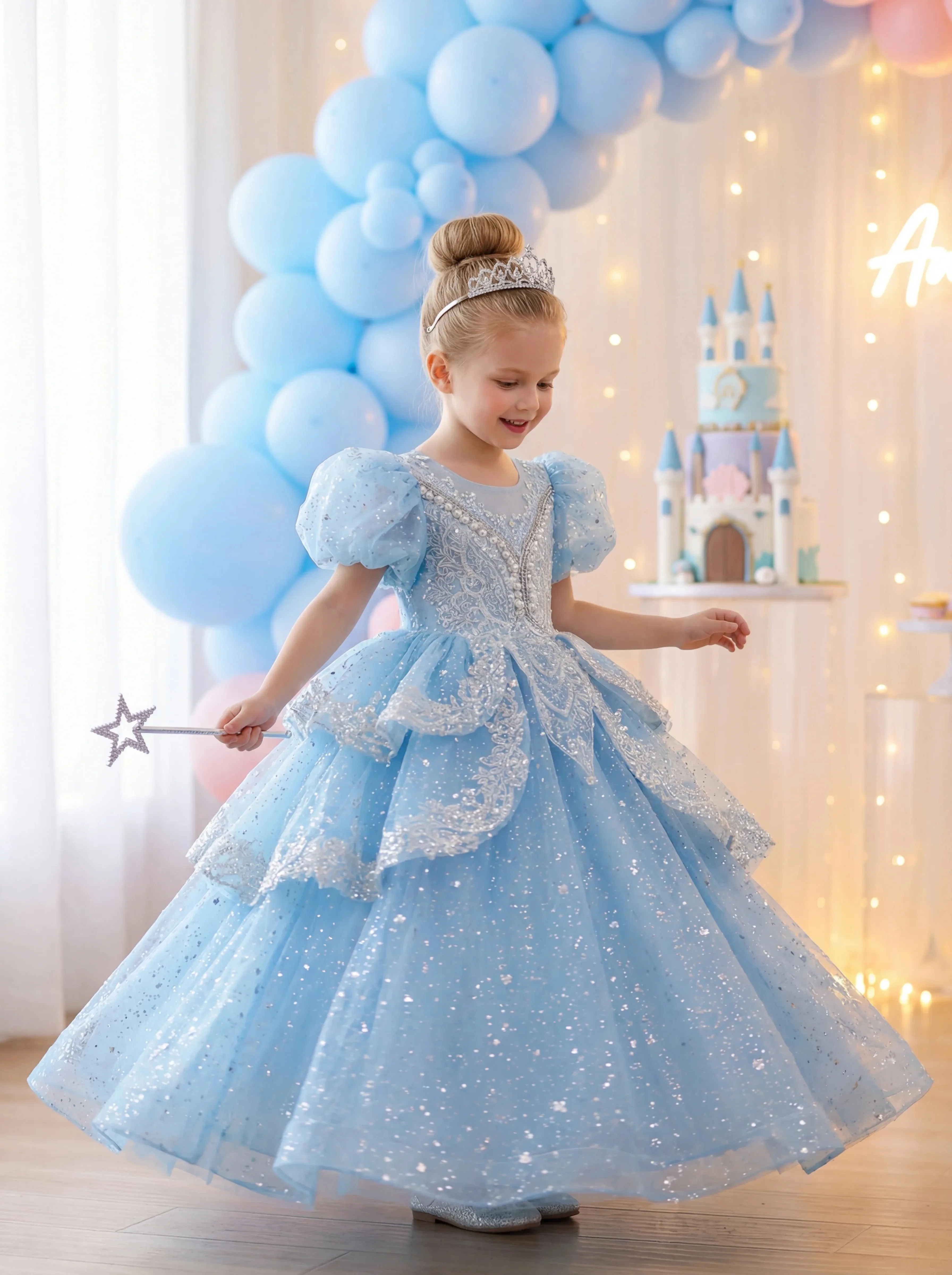 Customized Mesh Flower Girl Dress Multi-layered Tulle Puff Sleeves Pearl Trim Heavy Embroidery Princess Dress Girl Pageant Dress