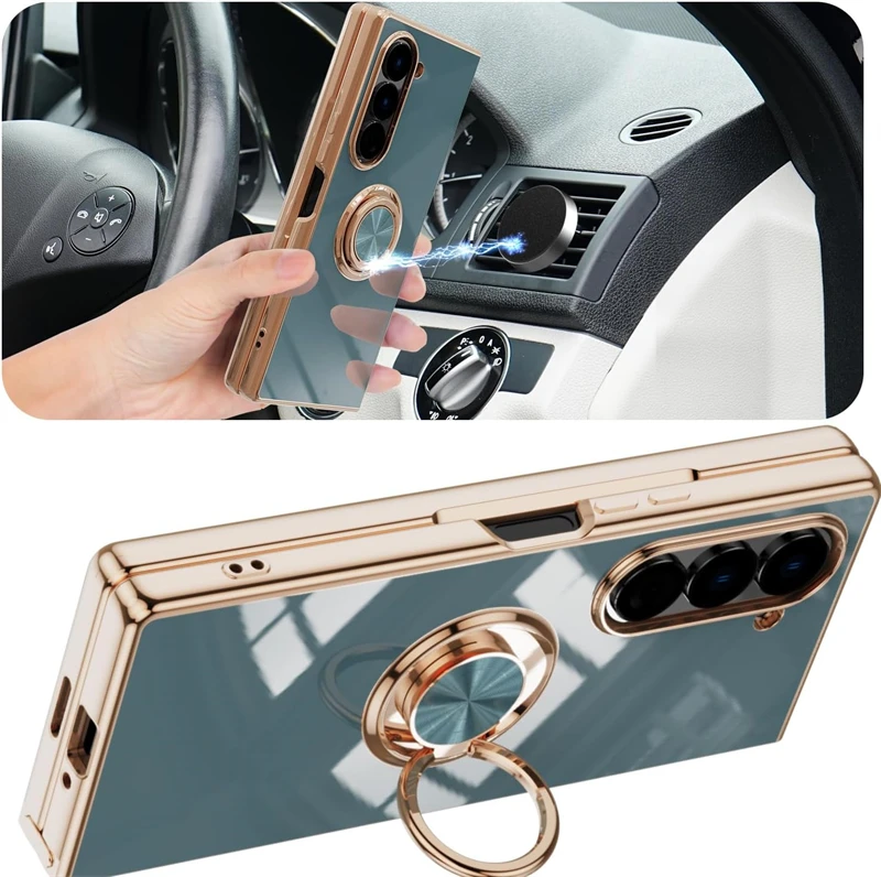 Luxury Plating Silicone Shockproof Bumper Case for Samsung Galaxy Z Fold 7 6 5 4 ZFold Fold6 Fold5 Fold4 Cover with Ring Holder