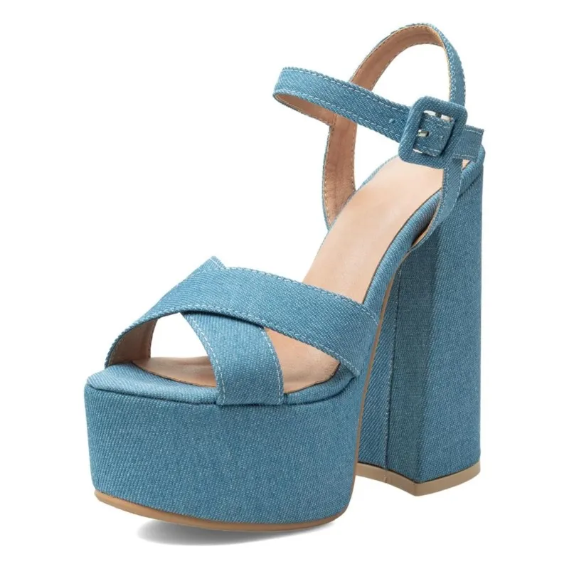 Olomm Handamde Women Denim Platform Sandals, Blue Chunky Block Heel with Ankle Strap and Open Toe Size 35-52