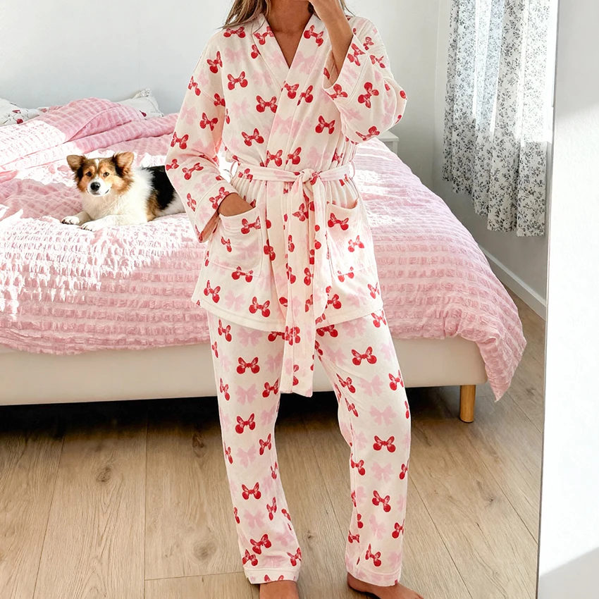 HiLoc Printed Sweet Knit Elastic Women'S Pajamas Two-Piece Long Sleeve V-Neck Wrap-Around Lace-Up Nightgown Elastic Waist  Pants