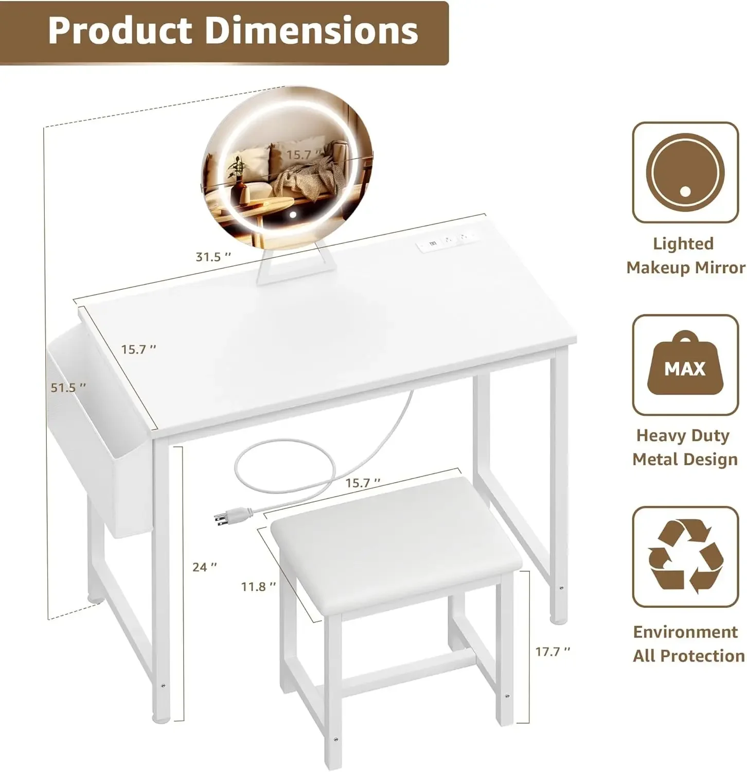 Modern Make Up Vanitys Desks Set, Makeup Vanity Desk with Mirror and Lights - Small White Vanity Table with Chair, Power Outlet