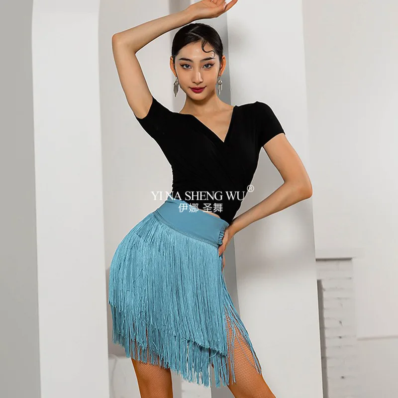 Falda de baile latino, vestido de práctica, nuevo vestido de baile para mujer, bufanda corta azul a la cadera, falda de medio cuerpo con borlas atadas, delantal de baile latino