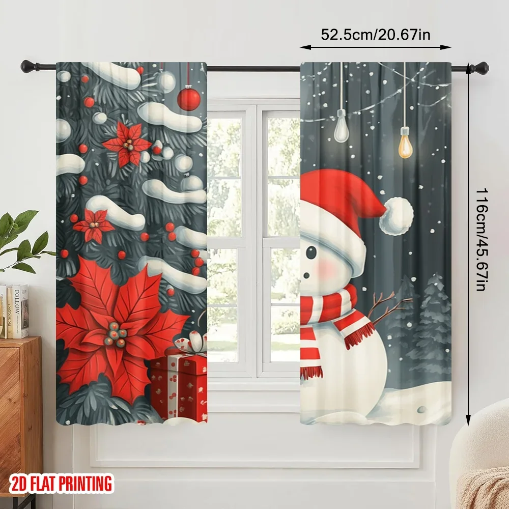 2pcs,2D plane printing Popular Curtain Panels Cute Snowman Christmas Poinsettia Gift Durable 100% Polyester Fabric (without rod)