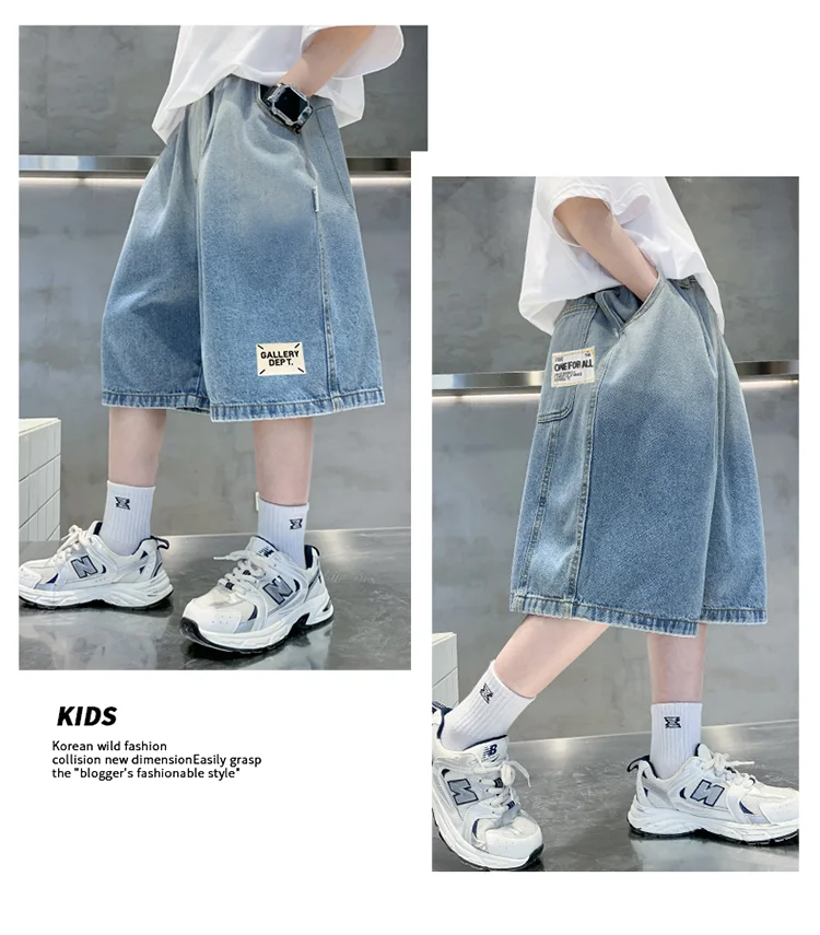 Neue Sommer-Jeansshorts für Kinder, Lässige, Lose Passform, Blauer Farbverlauf, für Teenager-Jungen, Baggy Denim-Shorts, Kinder-Streetwear, Knielange Hosen – Detail 7