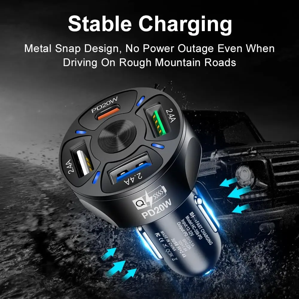 Hot Selling 4-in-1 USB Fast Charging Cigarette Lighter Plug 3 * 2.4A USB+1 PD20W Car Phone Ultra Fast Charger in Two Colors