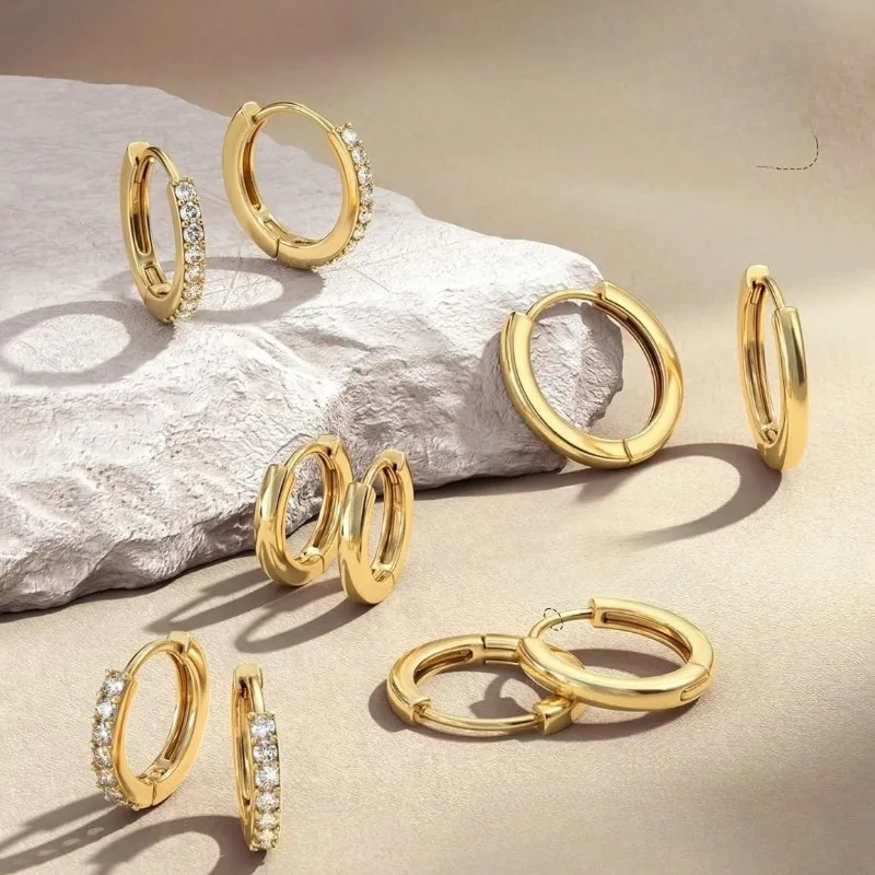 5pcs Hypoallergenic 14K Gold Plated Huggie Cartilage Earrings for Multiple Piercing Silver Hoop Earrings for Women Mom Teen Girl