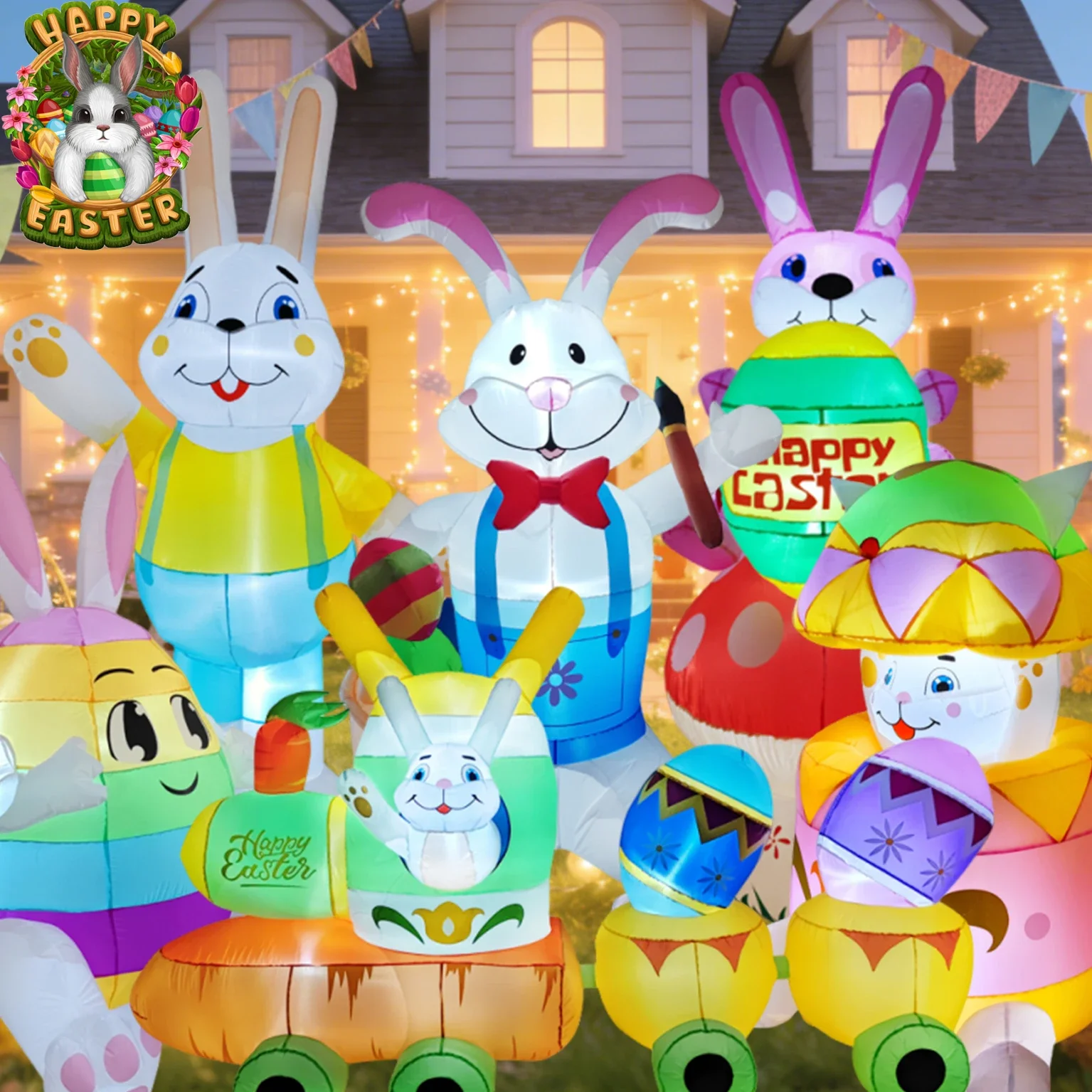 Easter Holiday Inflatable Model Toys Rabbit Carrot Easter Eggs Decor Built-in LED Light Outdoor Yard  Garden Party Home Ornament