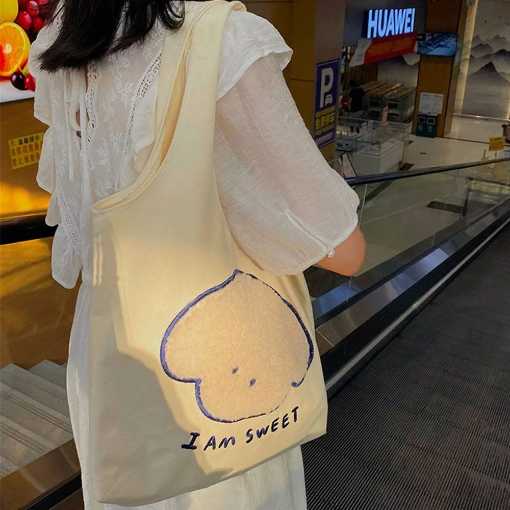 

New Canvas Trendy Tote Bag Cute Embroidery Print Square Shape Women's Bag Solid Color Shopping Bag