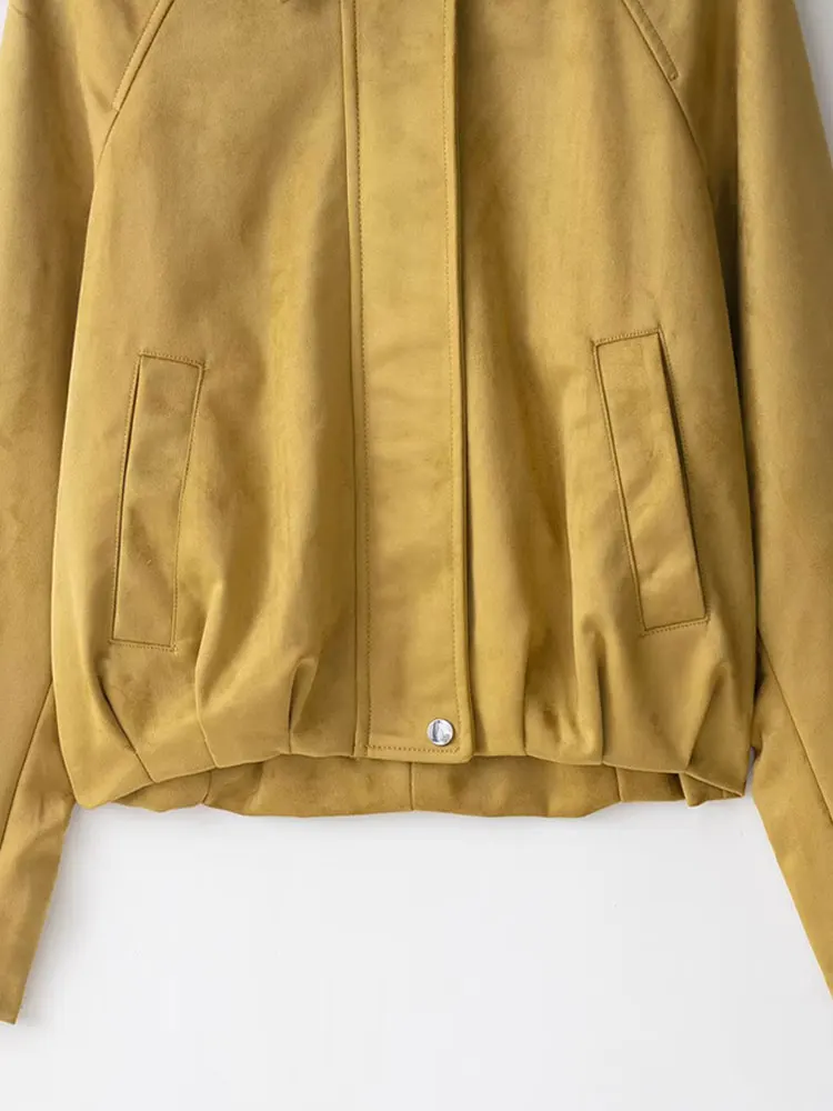 Moda feminina camurça falsa jaqueta bomber casaco manga longa zíper frontal feminino outerwear chiques topos