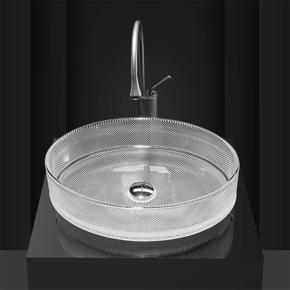 Die-cast Colorful Crystal Glass Bathroom Washbasin Hotel Luxury Countertop Sink Washroom Shampoo Sinks With Faucet 500*375*135mm