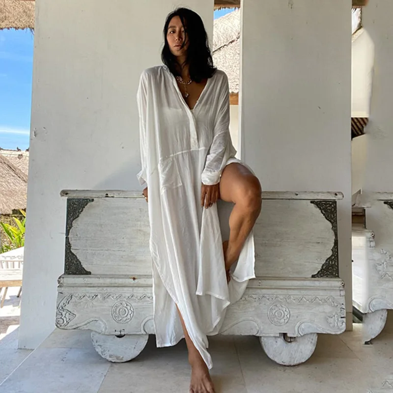 Beach Vacation Women's Swimsuits Cover Loose Pockets, Waist Cinching Long Dresses, Long Robes, Sun Protection Women's Beach Wear