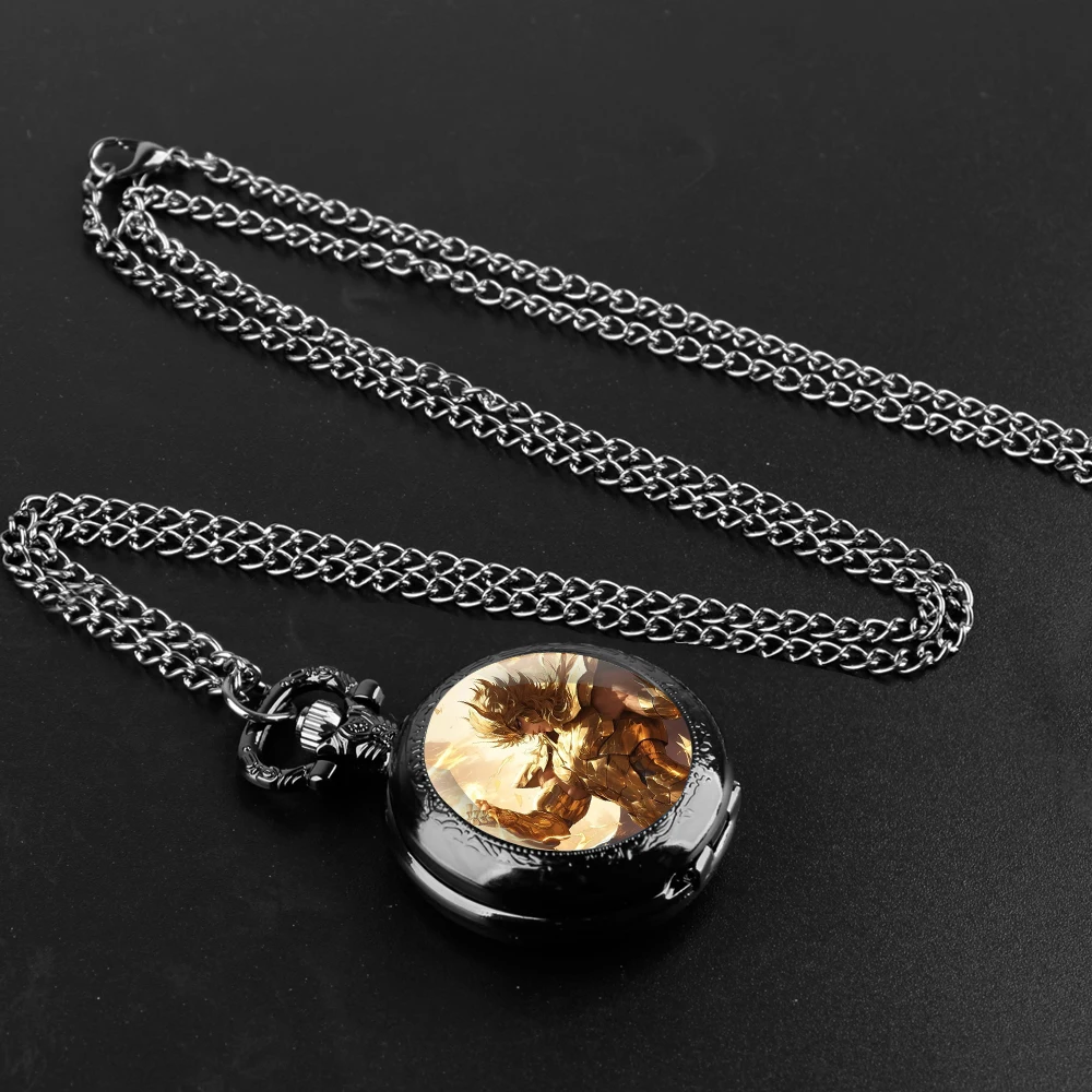 Saint Seiya Design Glass Dome Arabic Numerals Quartz Pocket Watch Necklace Pendant Clock Chain Mens Women Kids Gifts