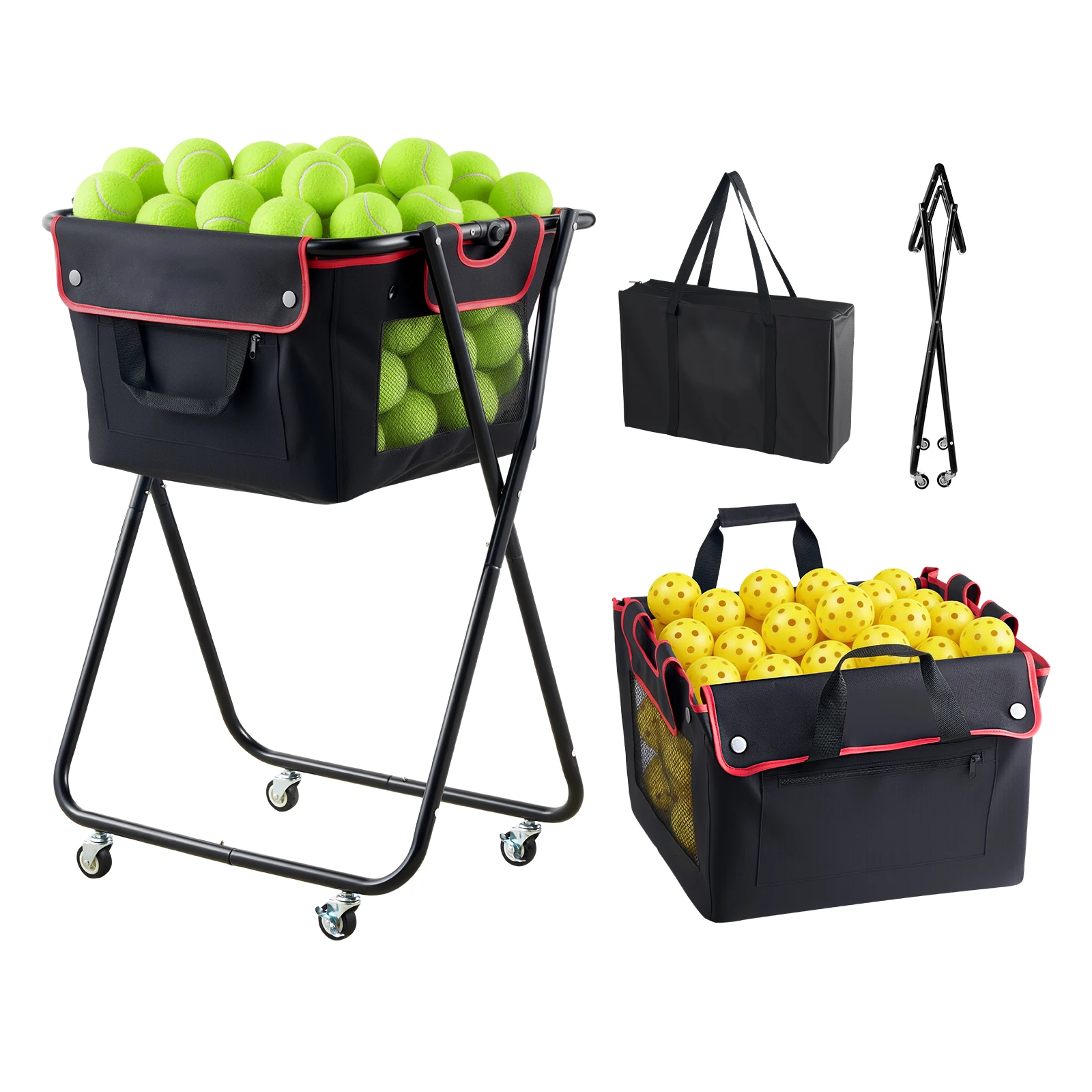 SucceBuy 175 Tennis Balls Hopper Holds 290 Pickleballs Foldable Pickleball Basket Cart with Wheels for Training Coaching Pick Up