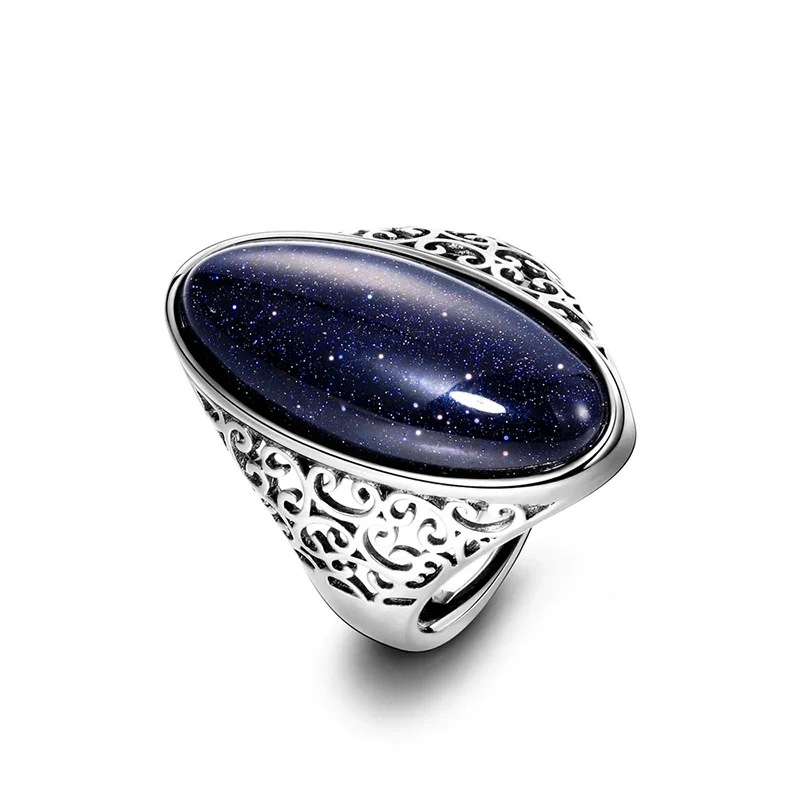 Women's Ring Silver Jewelry Vintage Blue Sand Hollow Elegant Ring Gift Party Wedding