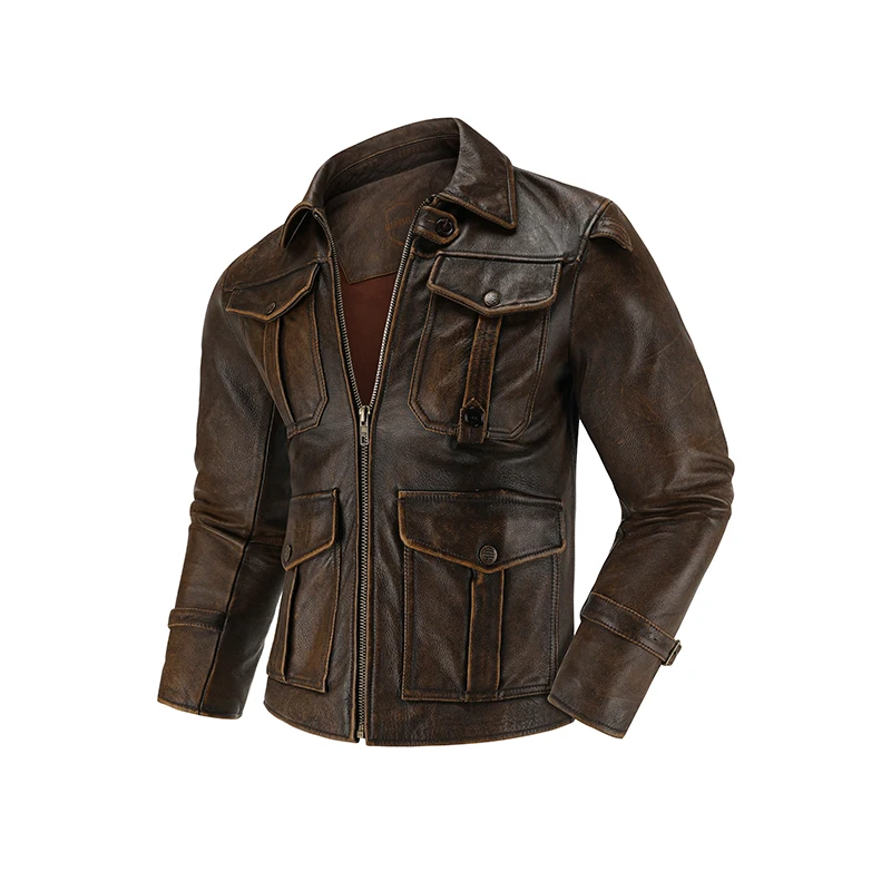 

New Top-Layer Cowhide American Retro Leather Jacket Men's Slim-Fit Lapel Motorcycle Leather Jacket Multi-Pocket Top