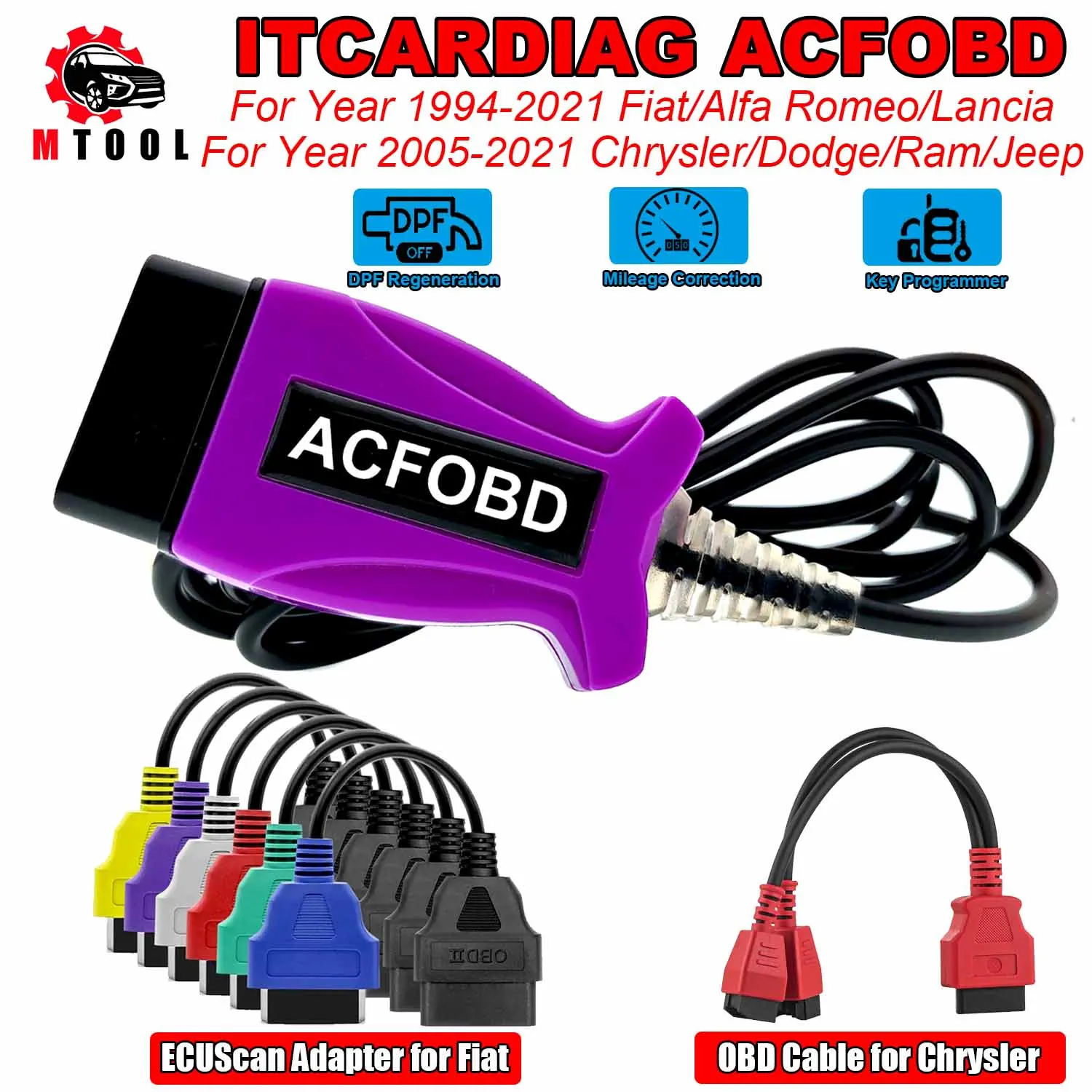 ITCARDIAG ACFOBD OBD 2 Diagnostic Tool Scanner For Fiat/Alfa Romeo/Lancia/Chrysler/Dodge/Ram/Jeep Support ABS AIRBAG KEY Mileage