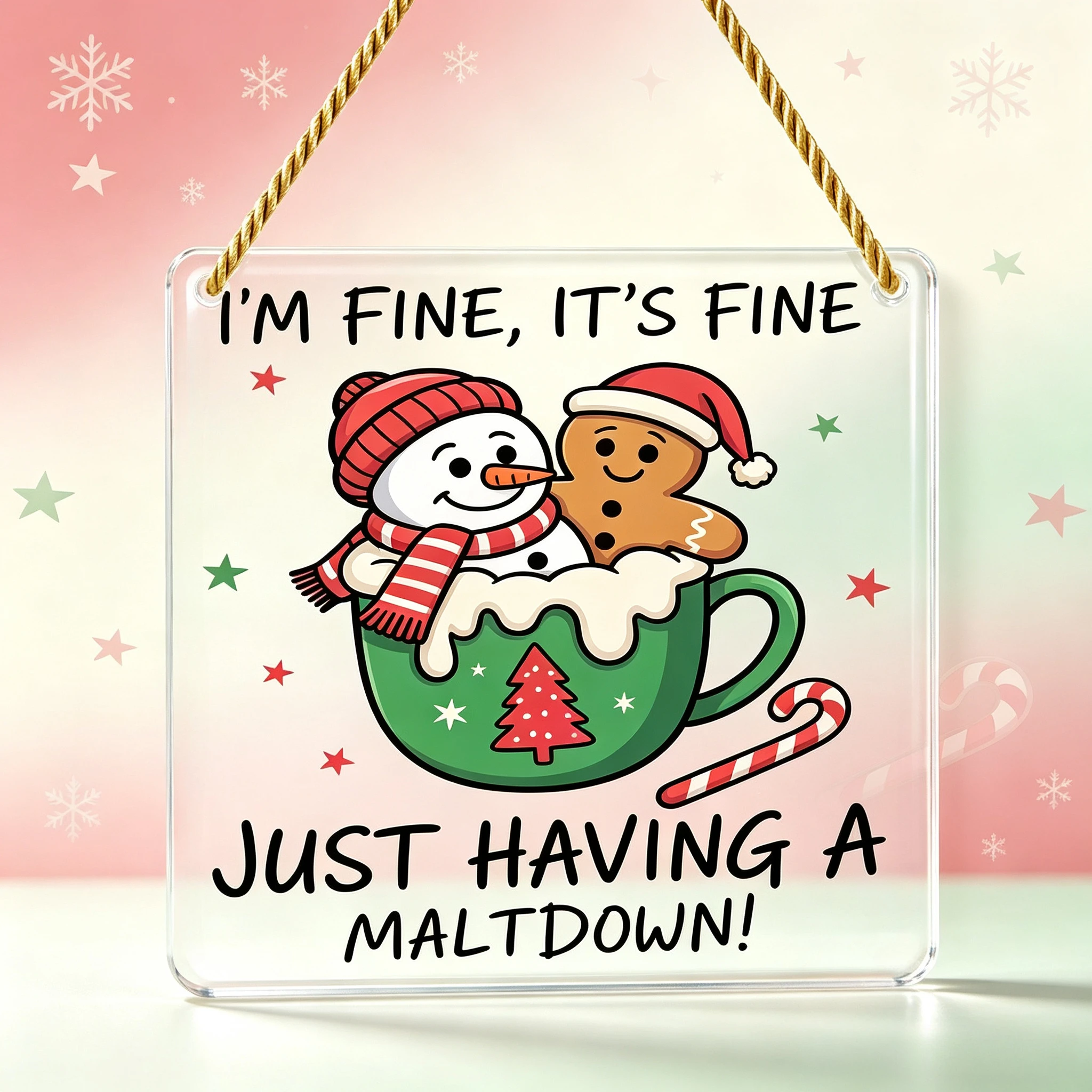 Snowman Gingerbread for Man Cup Ornament with Warm and Inspirational Slogan, Acrylic Ornament with Wooden Base, Paperweight, Office Desk Decoration, Office Desk Supplies, 2D Flat