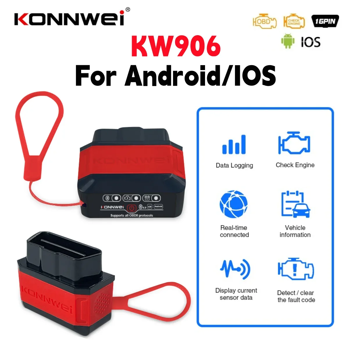 KONNWEI KW906 ELM327 V1.5 Pic18F25K80 OBD2 Scanners Bluetooth 5.0 For Android/IOS ELM 327 OBD 2 Car Diagnostic tool Code Reader