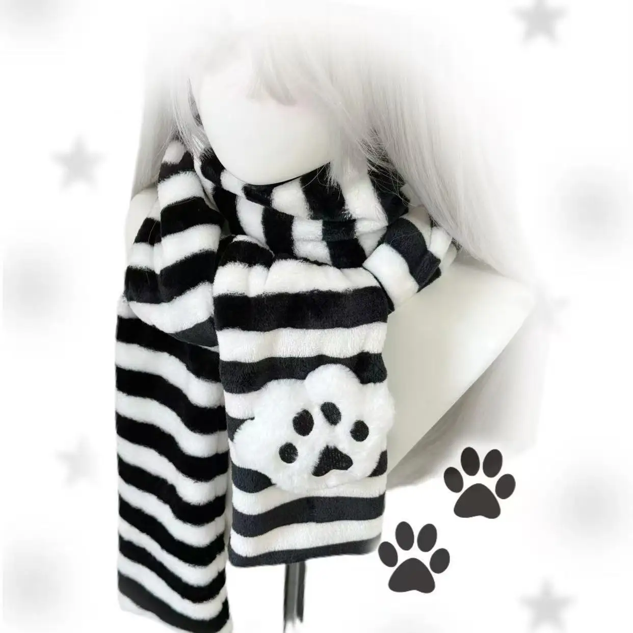 Subculture Y2K Original Striped Scarf Japanese Cute Removable Black and White Cat Claws Secondary Yuan Jk Girl Scarf