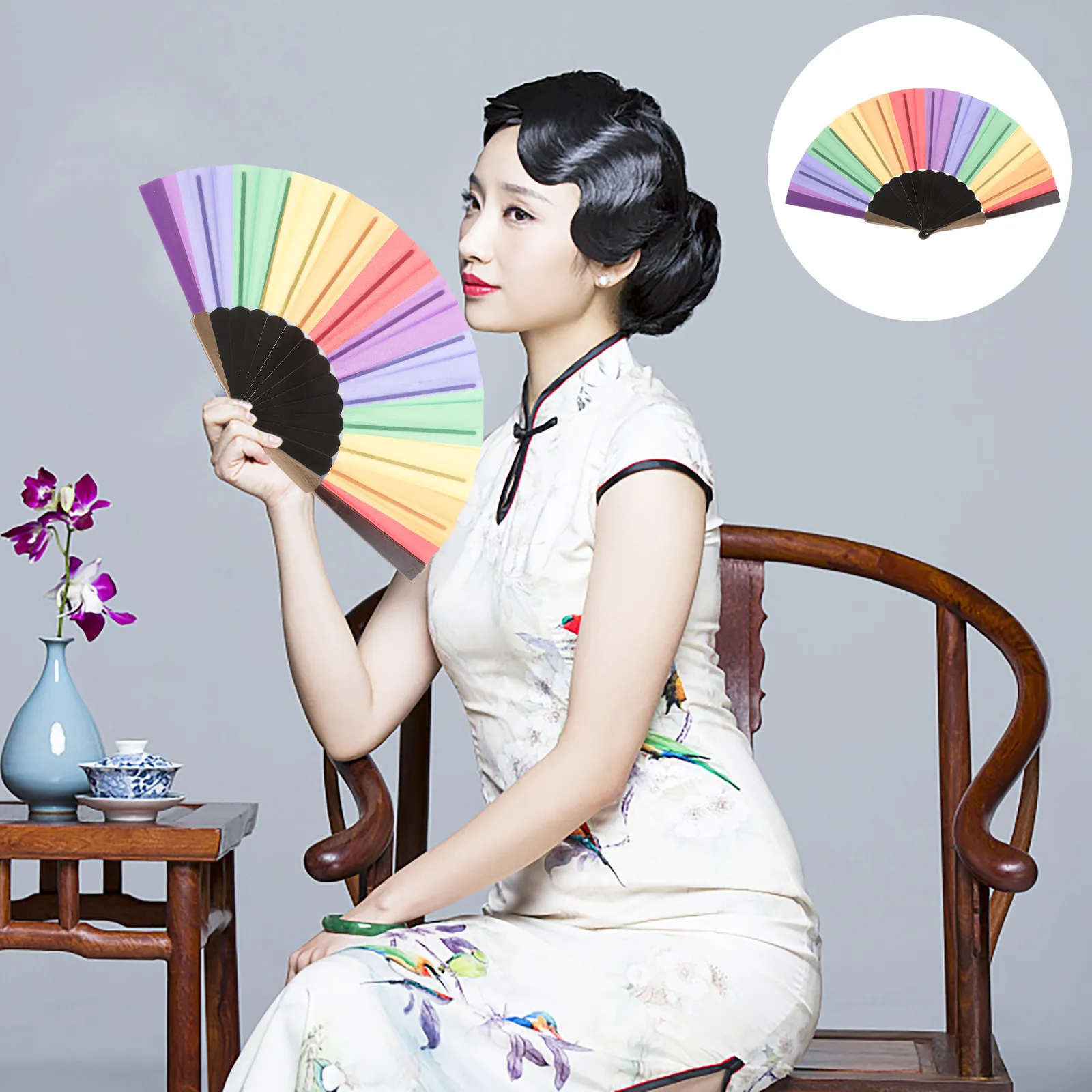 

Радужный складной веер: красочный, прочный, ручной, для декора дома, танцев, вечеринок и выступлений