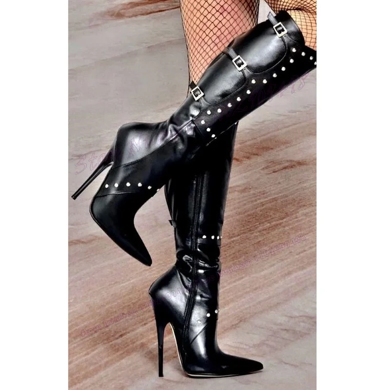 

Strappy Buckle Extreme High Heels Boots Black Pointy Toe Shoes for Women Rivet Matte Leather Sexy Shoes 2023 Zapatos Para Mujere