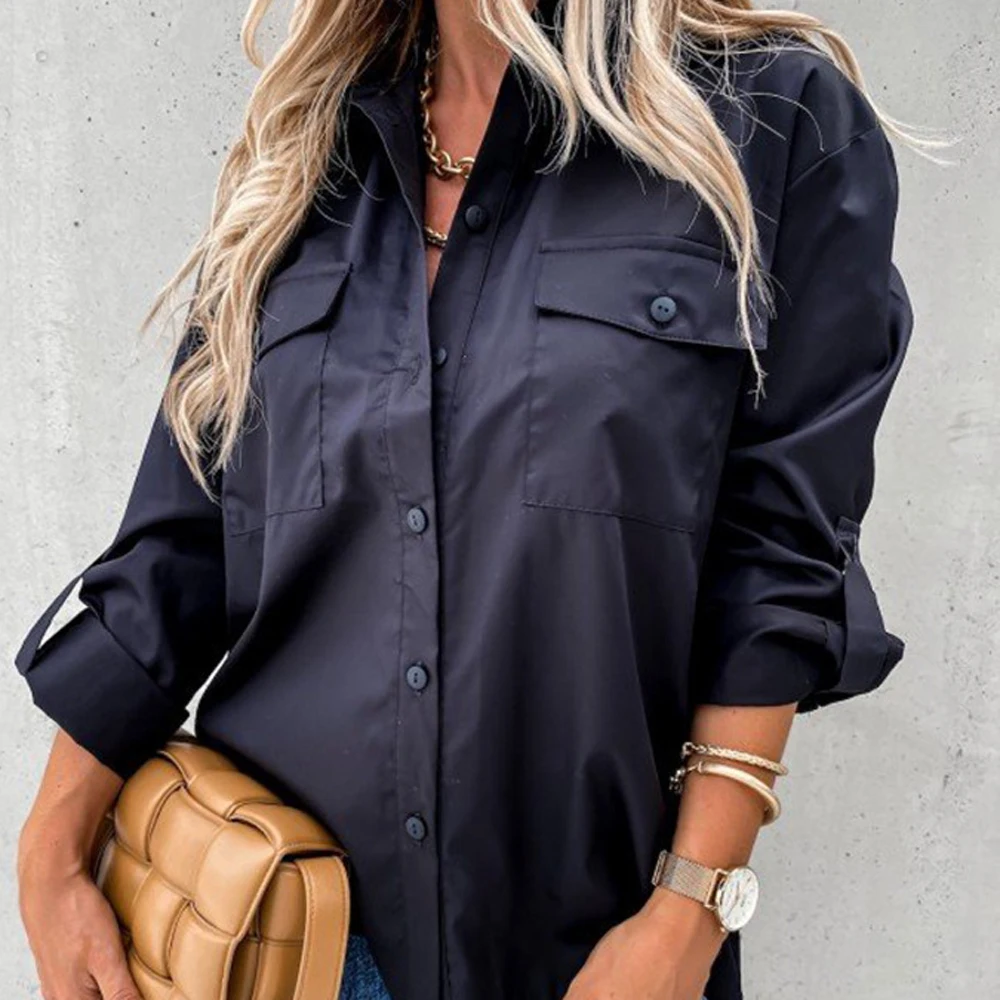 Otoño primavera botón suelto blanco negro blusa Tops Casual mujer OL ropa de trabajo Irregular Blusa de manga larga camisas