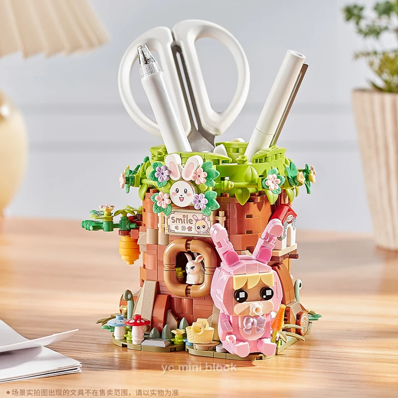 Loz Creative Mini Pen Holder Forest Rabbit Tree House Building Block Diy Office Desktop Decoration Stationery Brick For Kids Gif