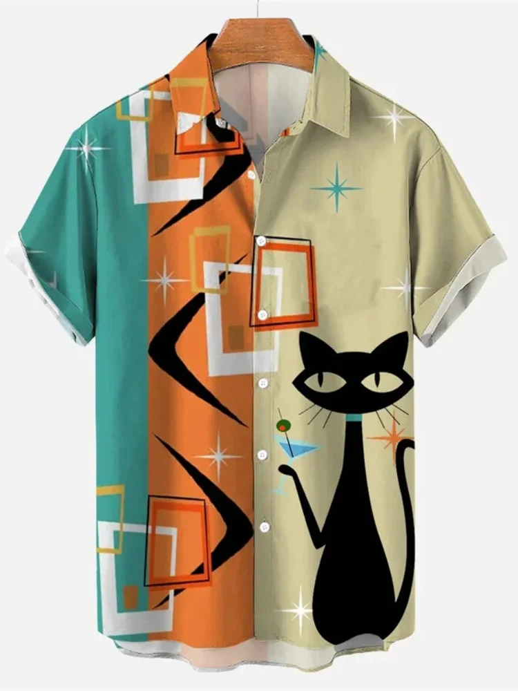 

Men's Summer Cartoon Anime Cat Theme Lapel Short Sleeve Shirt Casual Fashion Streetwear Top for Holiday
