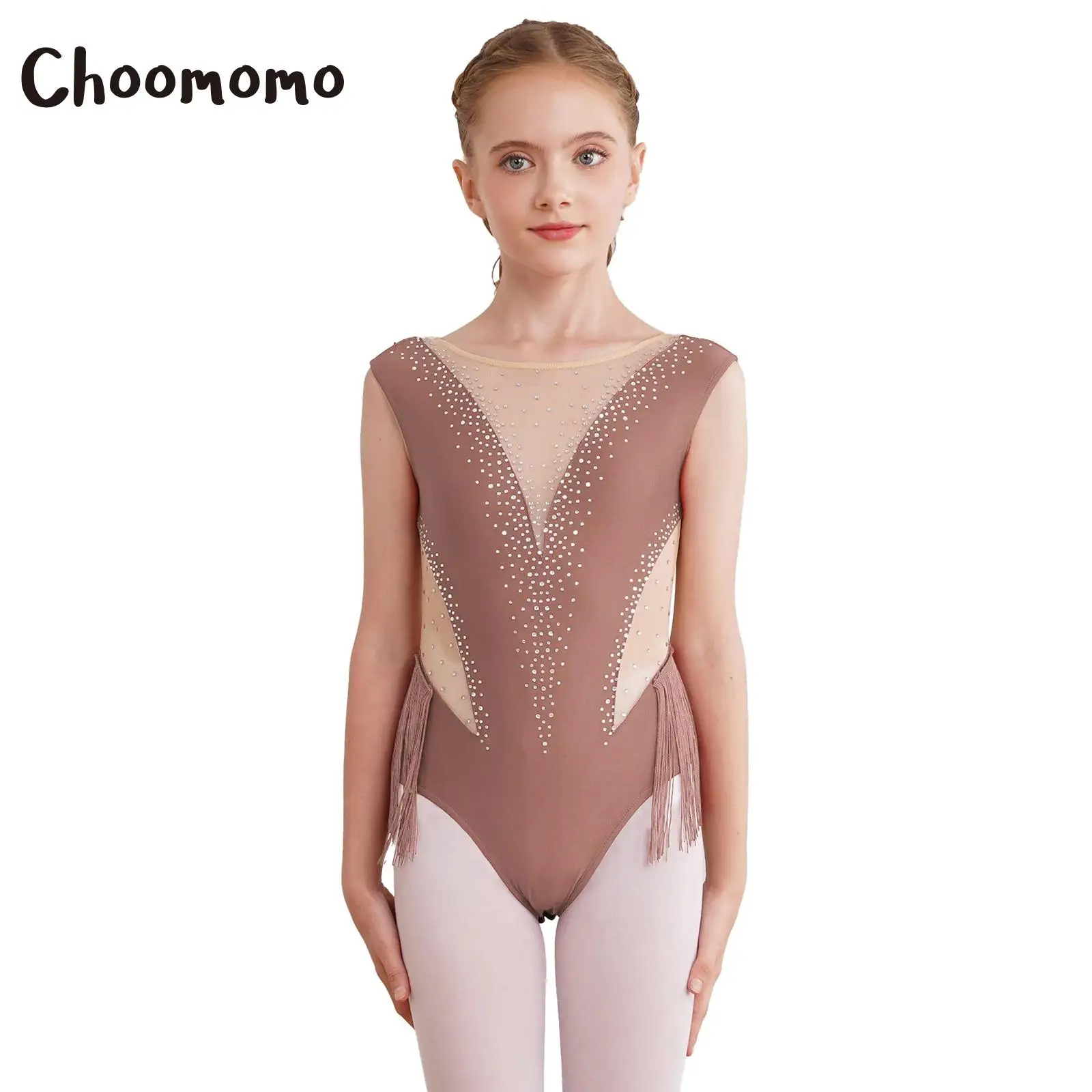 

Kids Girls Shiny Rhinestone Fringed Leotard Tassel Latin Tango Rumba Samba Dance Bodysuit Figure Ice Skating Costume Dancewear