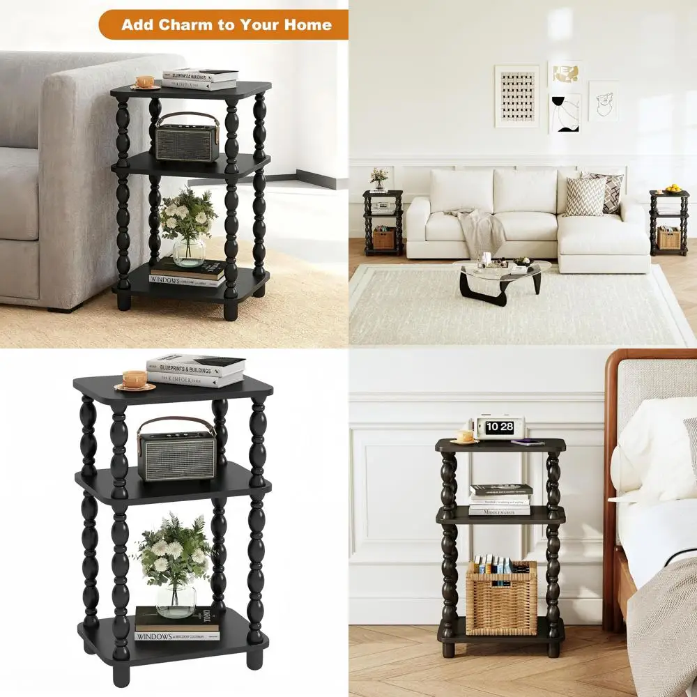 

Vintage 3-Tier Shelf Side Table, Small Living Room & Bedroom Nightstand in Black