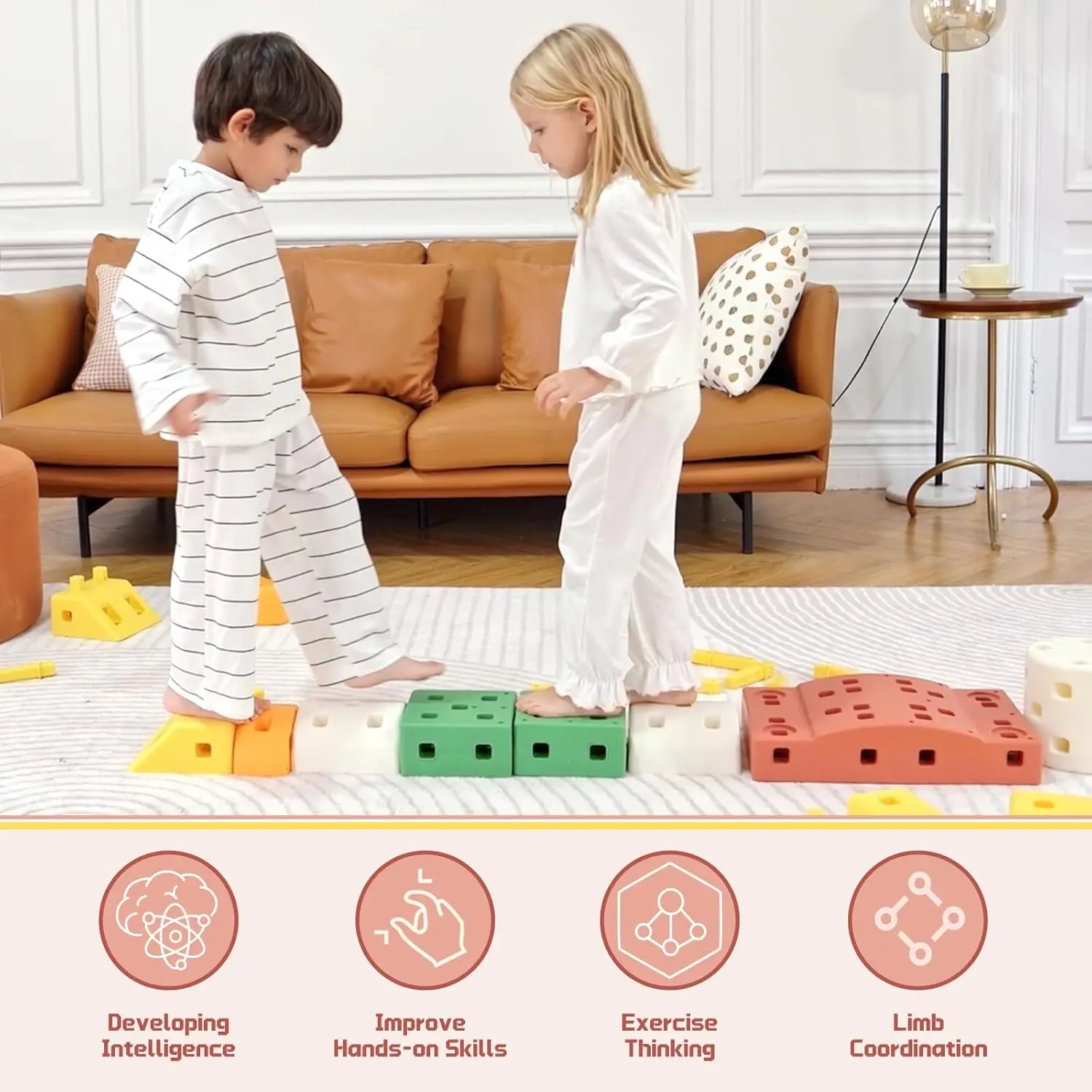 DIY Giant Building Blocks Set for Toddler - Big Stacking Soft Blocks with 8 Wheels for Kids with Shape & Color Learning - Large