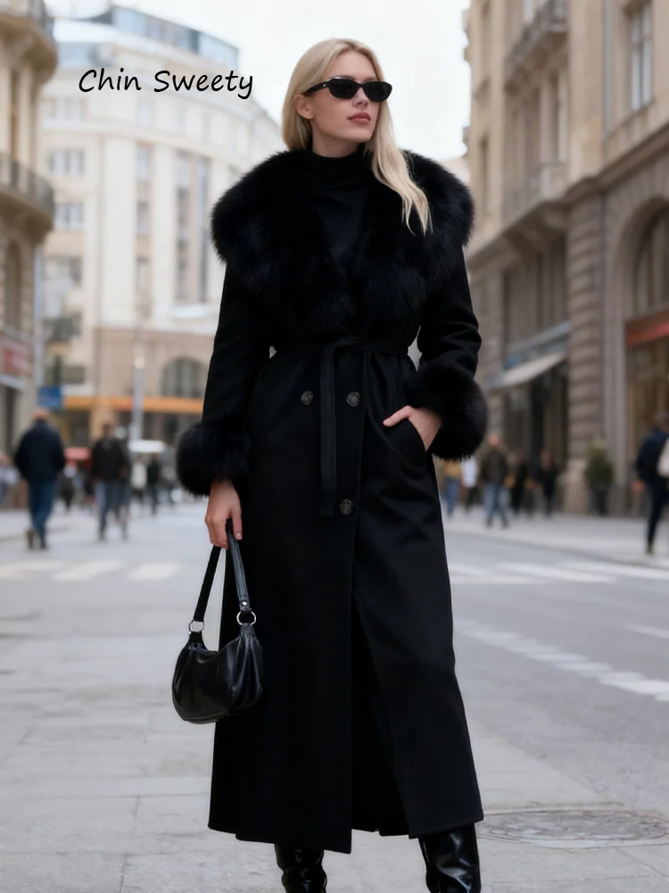 

Fur Collar Coats For Woman Belt Long Jackets Winter Outwear Vintage Black Coat Double Breasted Tops Warmed Casual Lady Clothes