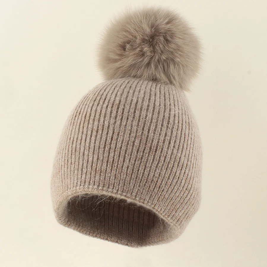 

High Quality Real Fox Fur Pompom Hats Women Warm Angola Rabbit Fur Knitted Warm Hat Winter Beanies Skullies Female Cap