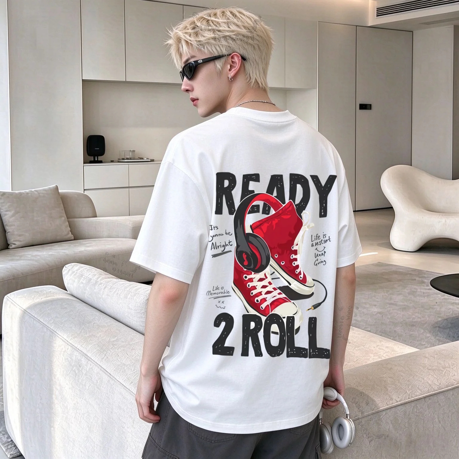 Y2K Men's Summer 100% Cotton T-shirt, Retro Sneaker Headphones Letter Print Street-Wear Autumn-Winter Underwear Casual Jacket