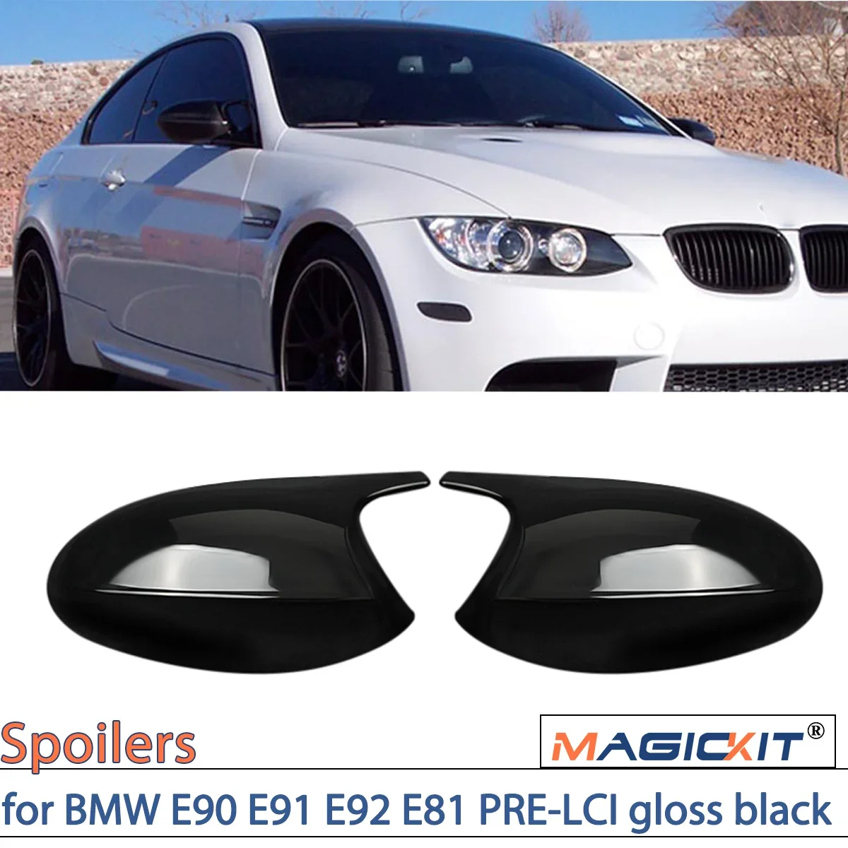 

MAGICKIT Pair M3 style mirror caps housing for BMW E90 E91 E92 E81 PRE-LCI gloss black Car Accessories Side Mirror Cover