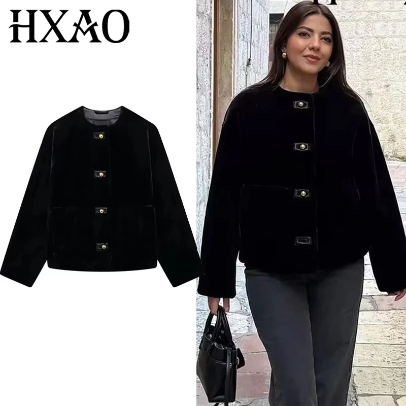 

HXAO укороченное пальто из искусственного меха, женская осенняя плюшевая черная куртка с длинными рукавами, верхняя одежда, повседневные теплые пушистые зимние женские пальто, парки