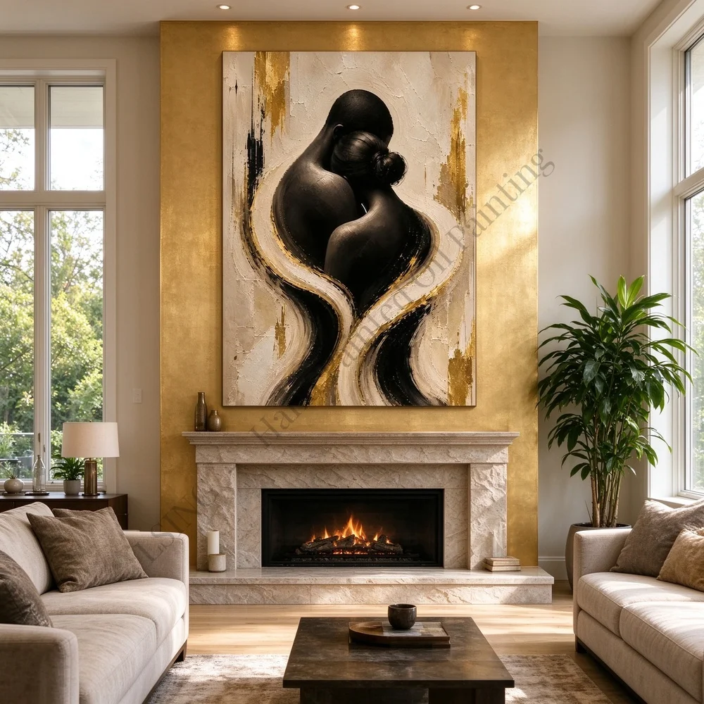 Hand Painted Black Woman Portrait Oil Painting on Canvas Luxury Gold Accented Modern Textured Wall Art for Living Room Decor