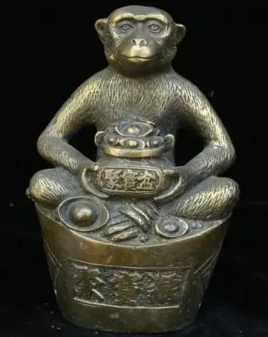 China Feng shui Bronze Wealth Yuan bao treasure bowl Zodiac Year Monkey Statue