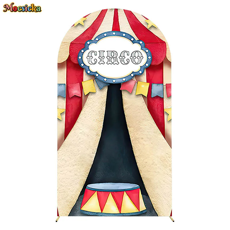 서커스 아치 양면 장착 상단 커버, 귀여운 동물 텐트, 카니발 생일 베이비 샤워 배경 장식, 배경 사진 촬영