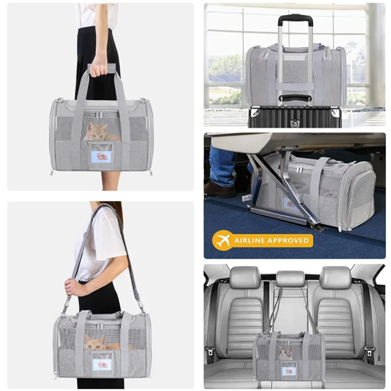 New in Foldable Pet Bag Travel Handbag One Shoulder Portable Small Medium-sized 3 Side Windows Solid Nylon Cloth Cat Pet Bags