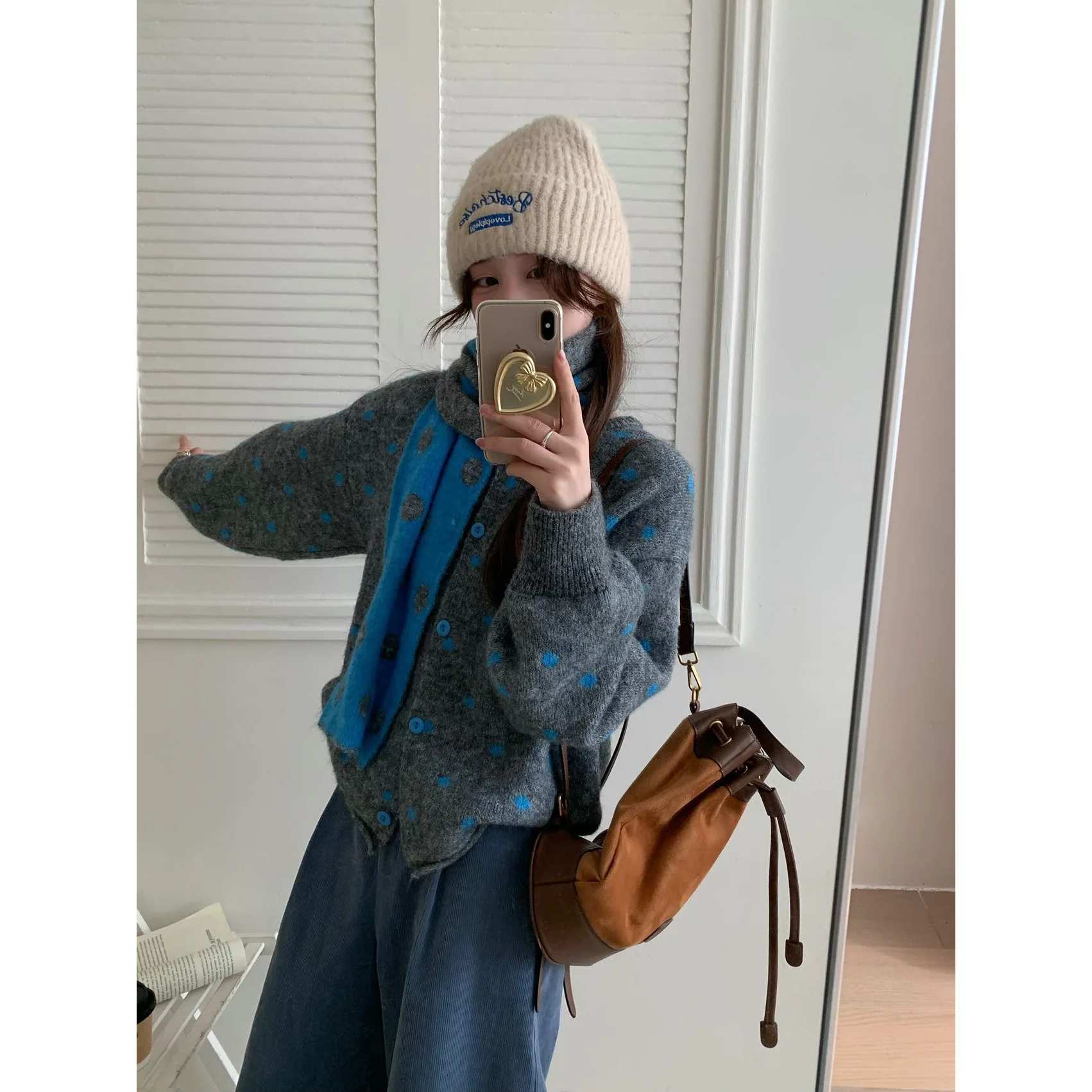 الكورية نمط البولكا نقطة متماسكة سترة وشاح المألوف تنوعا عادية لينة المرأة الخريف الشتاء جديد فضفاض سترة سترة #4